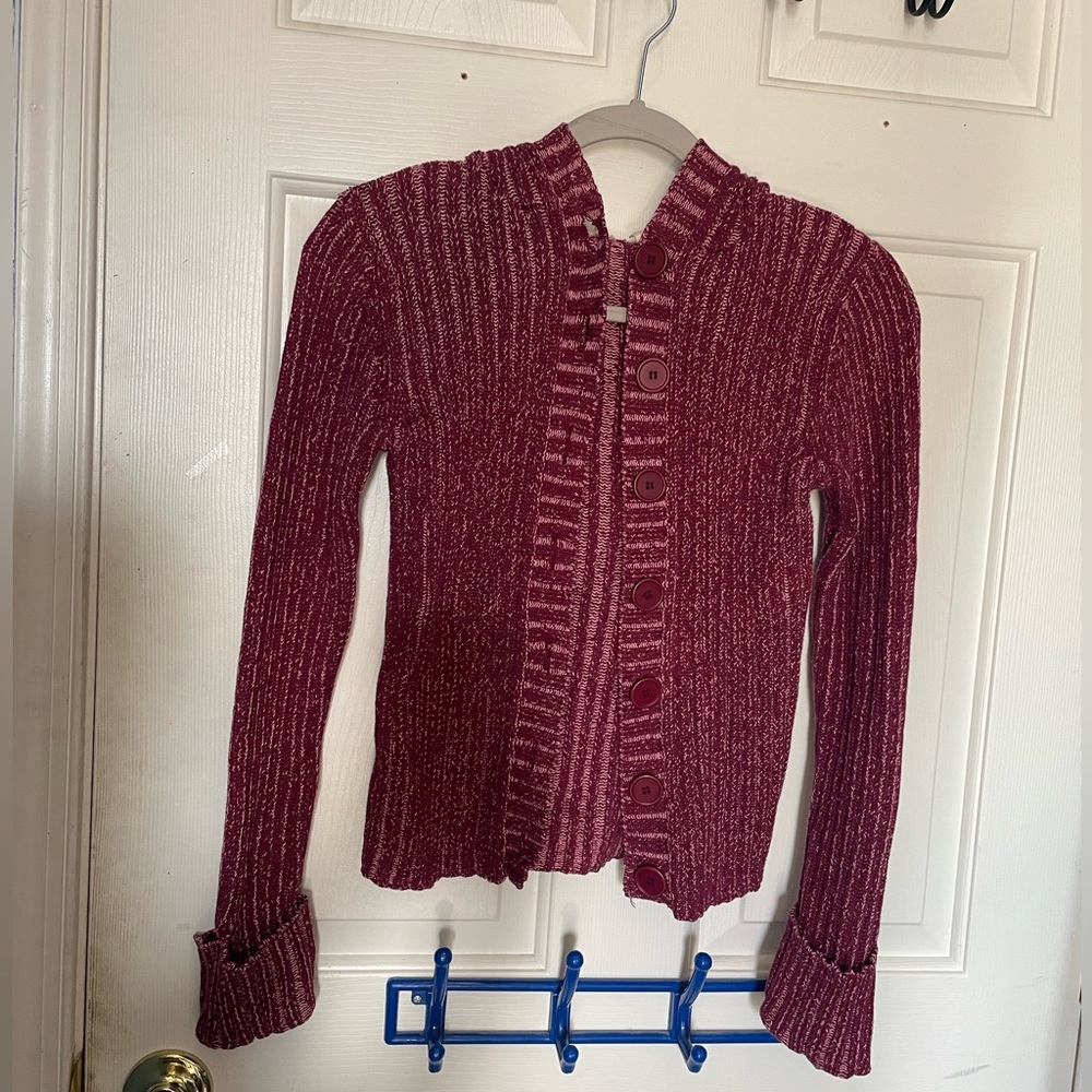 vintage maroon knit button up sweater with hood